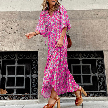 Short-sleeve Mid-length Boho Print Dress