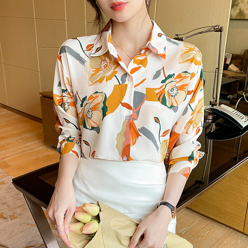 Spring Design Sense Retro French Temperament Printed Chiffon Long-sleeved Shirt For Women - Chic Angle