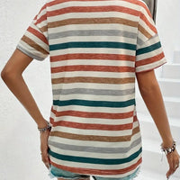 Women's Striped Fashionable Round Neck Short Sleeved T-shirt - Chic Angle