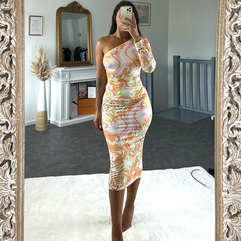 Women's Fashion Print Slanted Shoulder Long Sleeve Slim Fit Midi Dress