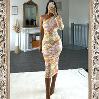 Women's Fashion Print Slanted Shoulder Long Sleeve Slim Fit Midi Dress