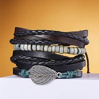 New Men's Leather Suit Creative Leaves Wooden Bead Woven Adjustable Suit Bracelet - Chic Angle