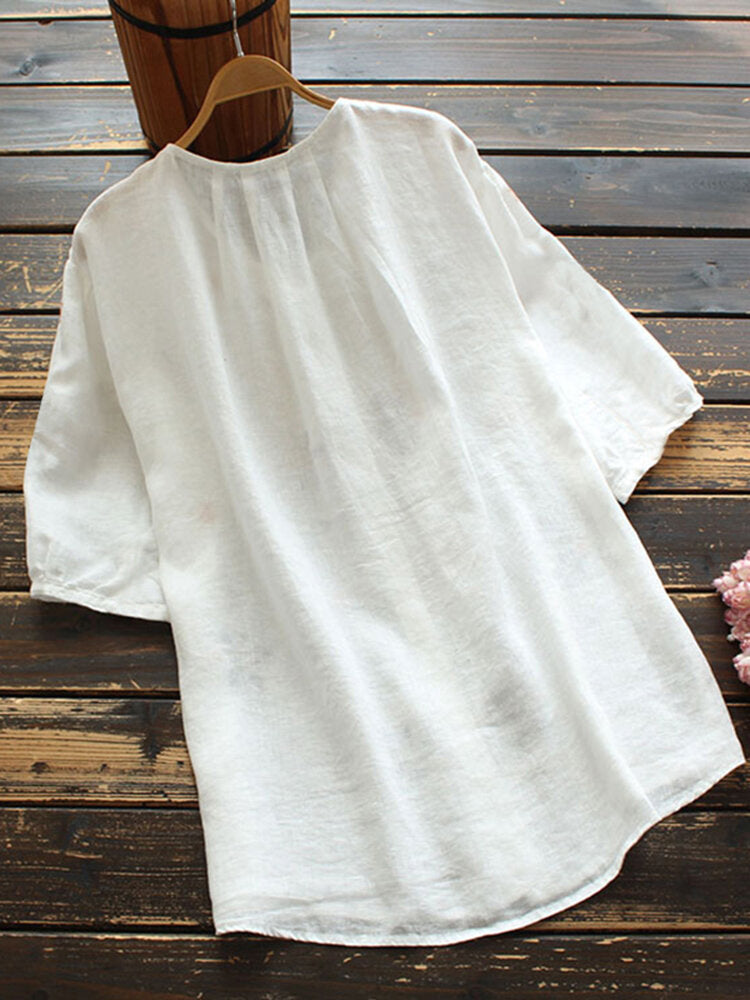 European And American Embroidered Crew Neck Button Short Sleeve - Chic Angle