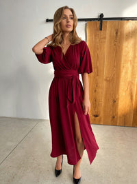 Women's Solid Color And V-neck Lantern Sleeve Waist-tight Maxi Self-tie Slit Dress
