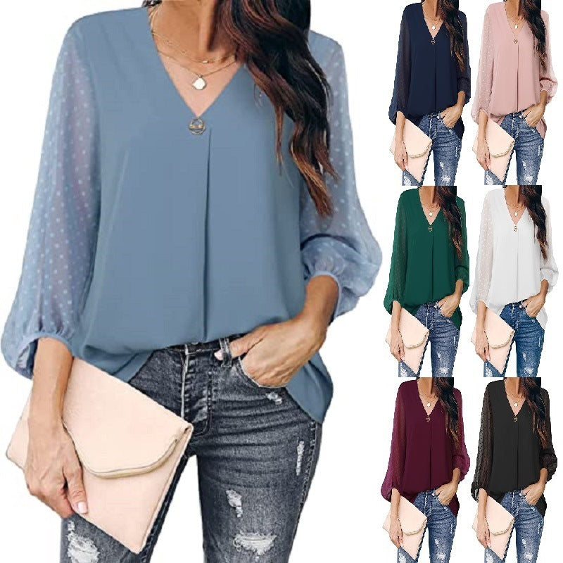Women's Puff Sleeve V-neck Long Sleeve Shirt - Chic Angle