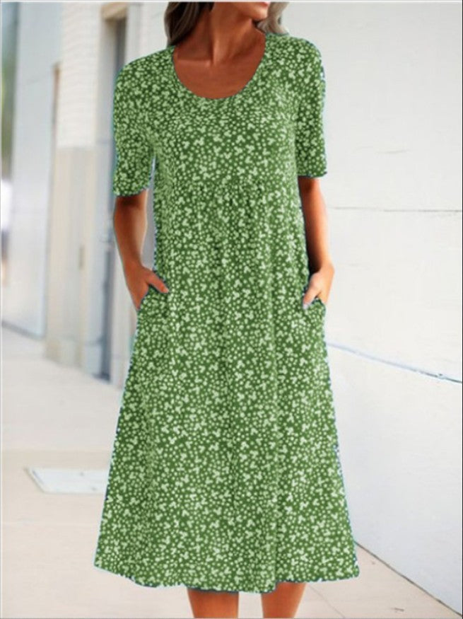 Round Neck Short Sleeve Floral Midi Dress