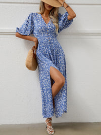 V-neck Lantern Sleeve Waist-tight Dress Seaside Vacation Bohemian Style