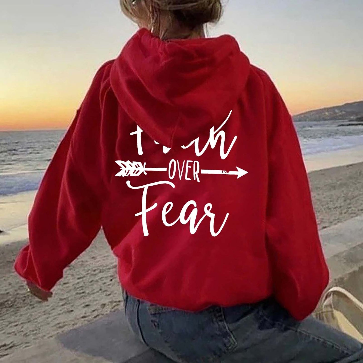 Plain Letter Printed Kangaroo Pocket Drawstring Women's Brushed Hoody