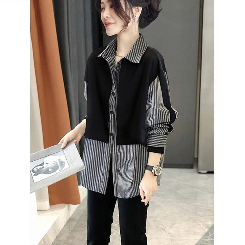 Stitching Stripe Long Sleeves Shirt Women's Loose All-matching