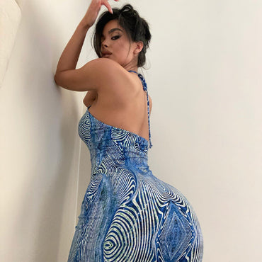 Sexy Fashion Print Midi Skirt Sleeveless Halter