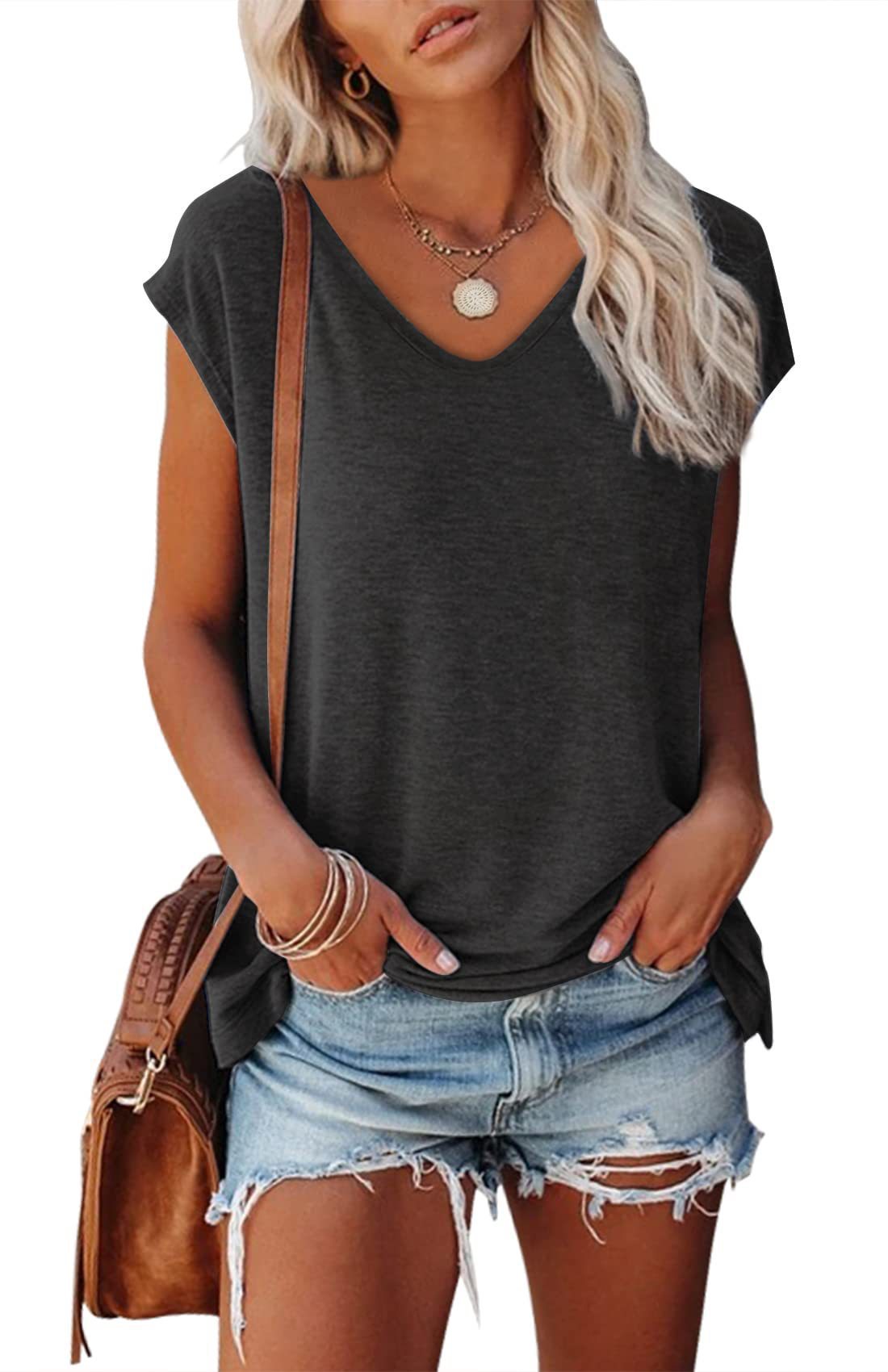 Women's Cap Sleeve V-neck Solid Color Casual Loose-fitting T-shirt - Chic Angle