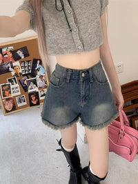 American Style Fringed Burr Denim Shorts Slimming And Wide Leg High Waist Loose - Chic Angle