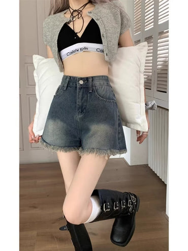 American Style Fringed Burr Denim Shorts Slimming And Wide Leg High Waist Loose - Chic Angle