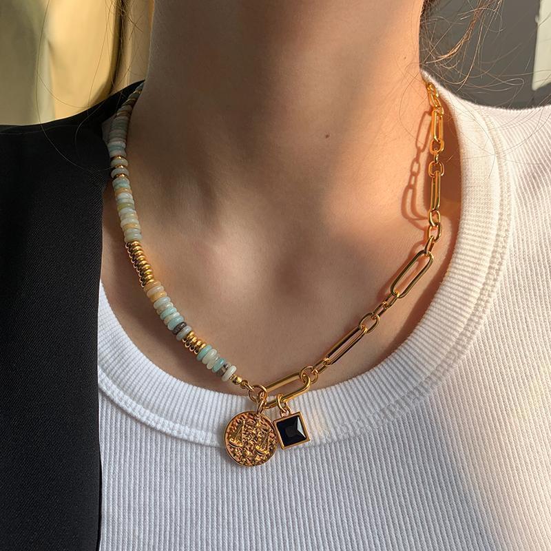 Colored Glass Stitching Beaded Necklace - Chic Angle