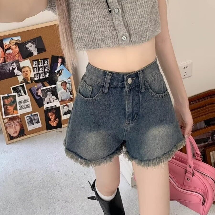 American Style Fringed Burr Denim Shorts Slimming And Wide Leg High Waist Loose - Chic Angle