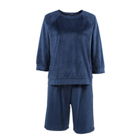 Blue Velvet Warm Three-quarter Sleeve Shorts Two-piece Set For Women - Chic Angle