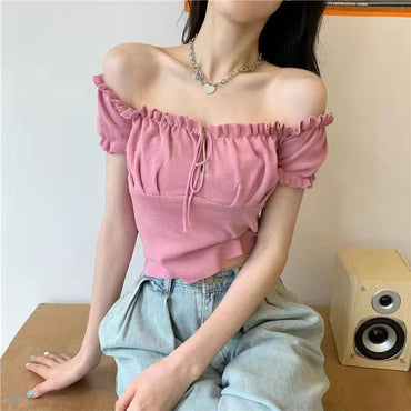 Women's Fashion Chic Collarbone Off-shoulder Design Drawstring Short Sleeve - Chic Angle