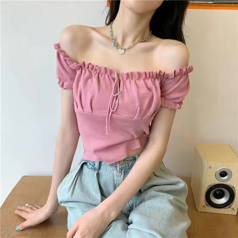 Women's Fashion Chic Collarbone Off-shoulder Design Drawstring Short Sleeve - Chic Angle
