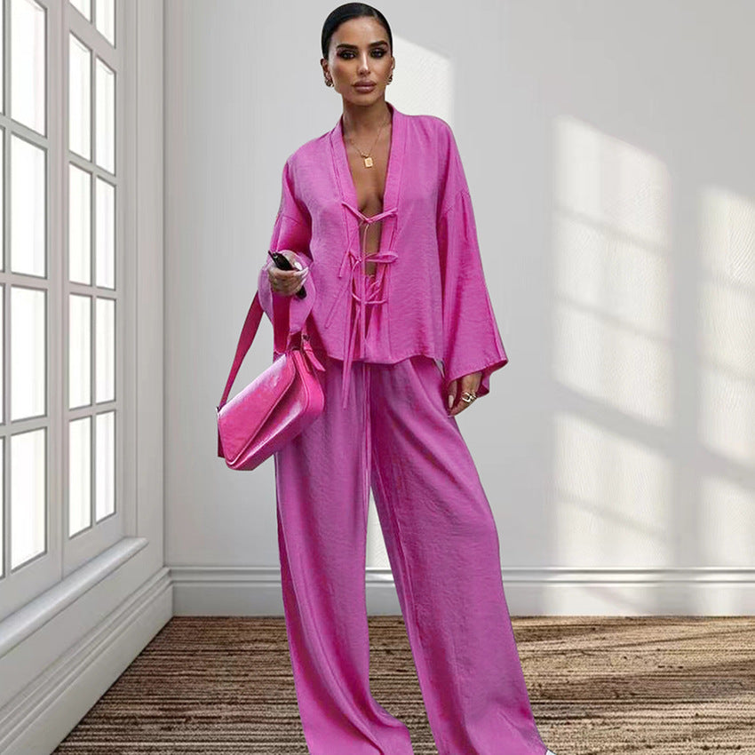 Lace-up Top And Trousers Pajamas Women's Loose Homewear - Chic Angle