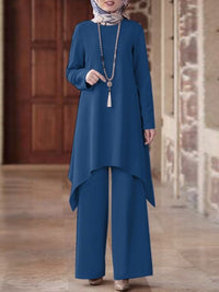 Wear Middle East Solid Color Round Neck Pullover Midi Skirt - Chic Angle