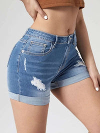 Women's Fashion Holes Curling High Elastic High Waist Denim Shorts - Chic Angle