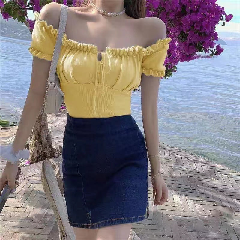 Women's Fashion Chic Collarbone Off-shoulder Design Drawstring Short Sleeve - Chic Angle