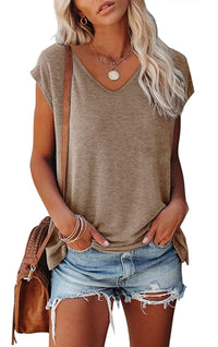 Women's Cap Sleeve V-neck Solid Color Casual Loose-fitting T-shirt - Chic Angle