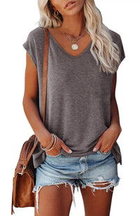 Women's Cap Sleeve V-neck Solid Color Casual Loose-fitting T-shirt - Chic Angle