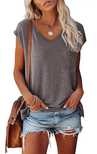 Women's Cap Sleeve V-neck Solid Color Casual Loose-fitting T-shirt - Chic Angle