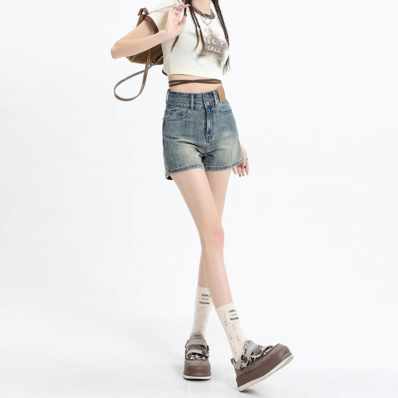 Tight Stretch Denim Shorts Sheath High Waist Slimming American Thin Retro - Chic Angle