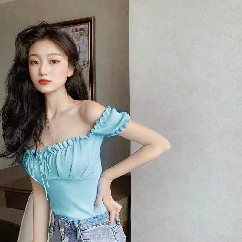 Women's Fashion Chic Collarbone Off-shoulder Design Drawstring Short Sleeve - Chic Angle