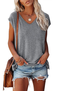 Women's Cap Sleeve V-neck Solid Color Casual Loose-fitting T-shirt - Chic Angle