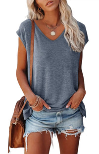 Women's Cap Sleeve V-neck Solid Color Casual Loose-fitting T-shirt - Chic Angle