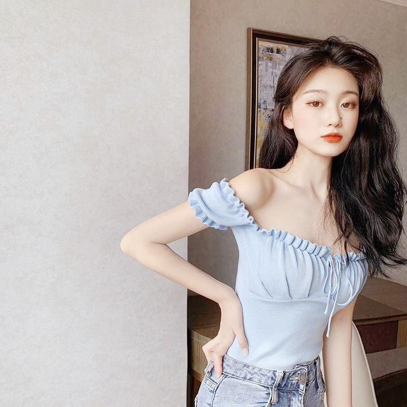 Women's Fashion Chic Collarbone Off-shoulder Design Drawstring Short Sleeve - Chic Angle