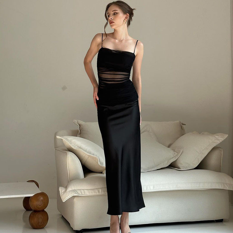 European And American Style Design Sense Temperament Mesh Satin Stitching Fake Two-piece Suspender Dress - Chic Angle