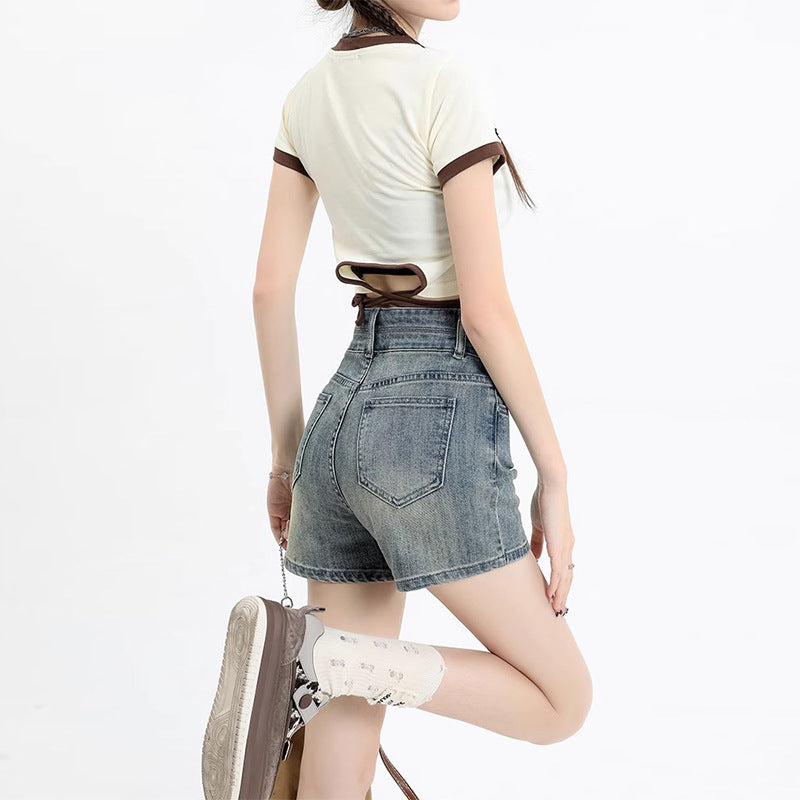 Tight Stretch Denim Shorts Sheath High Waist Slimming American Thin Retro - Chic Angle