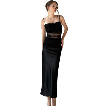European And American Style Design Sense Temperament Mesh Satin Stitching Fake Two-piece Suspender Dress - Chic Angle