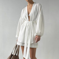 Bubble Wrinkle Cotton Women's Long-sleeved Nightgown Shorts Two-piece Set - Chic Angle