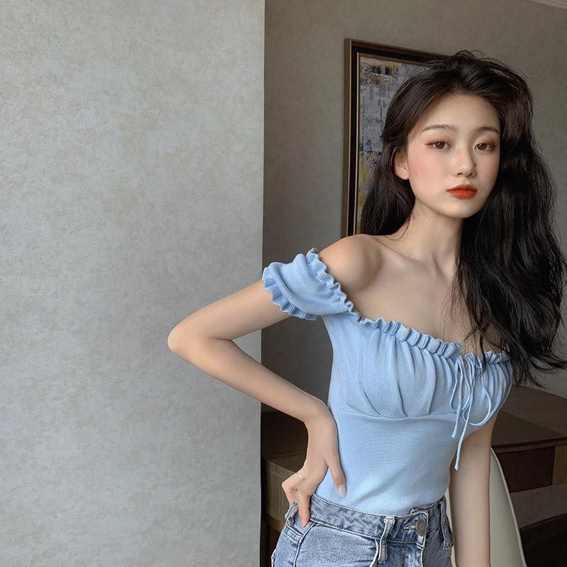Women's Fashion Chic Collarbone Off-shoulder Design Drawstring Short Sleeve - Chic Angle