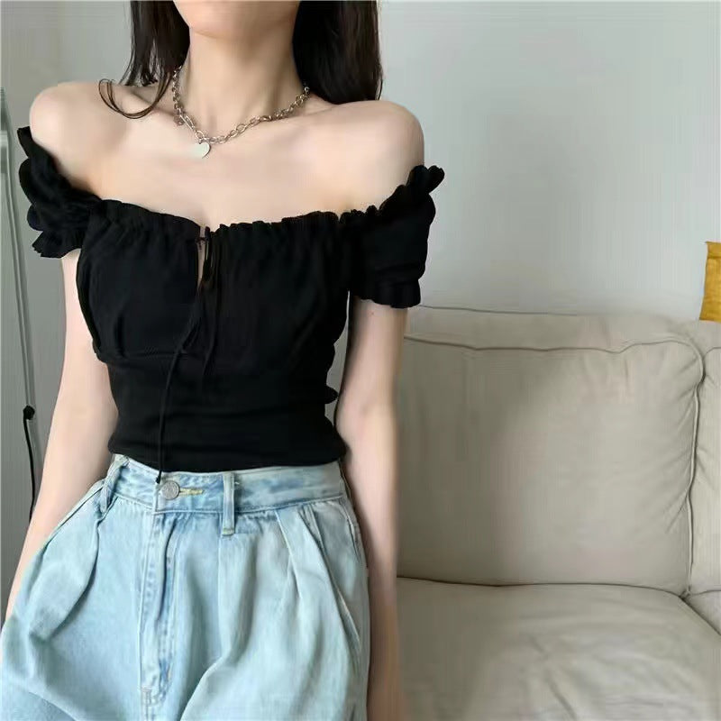 Women's Fashion Chic Collarbone Off-shoulder Design Drawstring Short Sleeve - Chic Angle