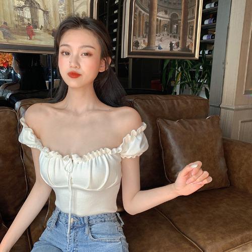 Women's Fashion Chic Collarbone Off-shoulder Design Drawstring Short Sleeve - Chic Angle