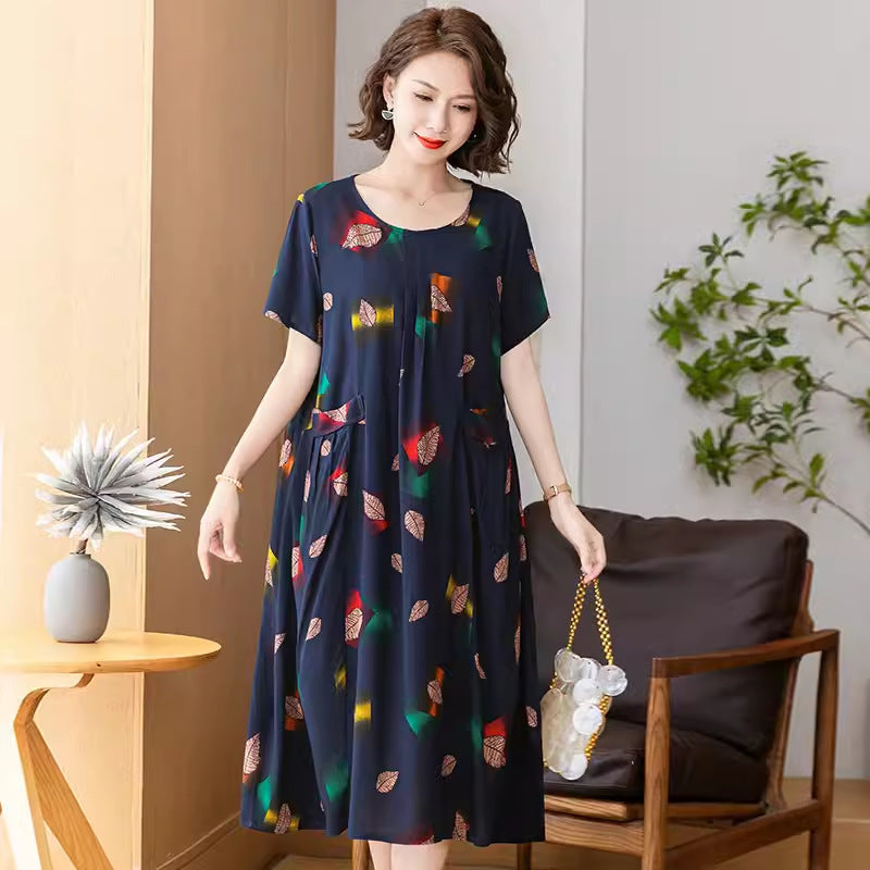 Middle-aged And Elderly Women's Cotton Silk Printing Maxi Dress
