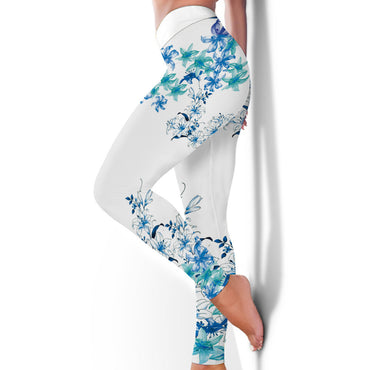 Women's Blue Flower Printed Hip Lifting Tight Pants
