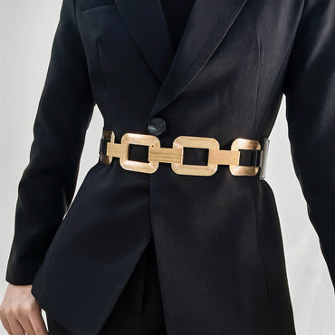 The New Women's Gold Black Wide Belt Decoration Fashion Elastic Metal Waist Cover With Skirt Coat Waist Closed With Fashion Belt