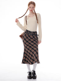 Plaid Mid Length Plaid Half Length Fishtail Skirt