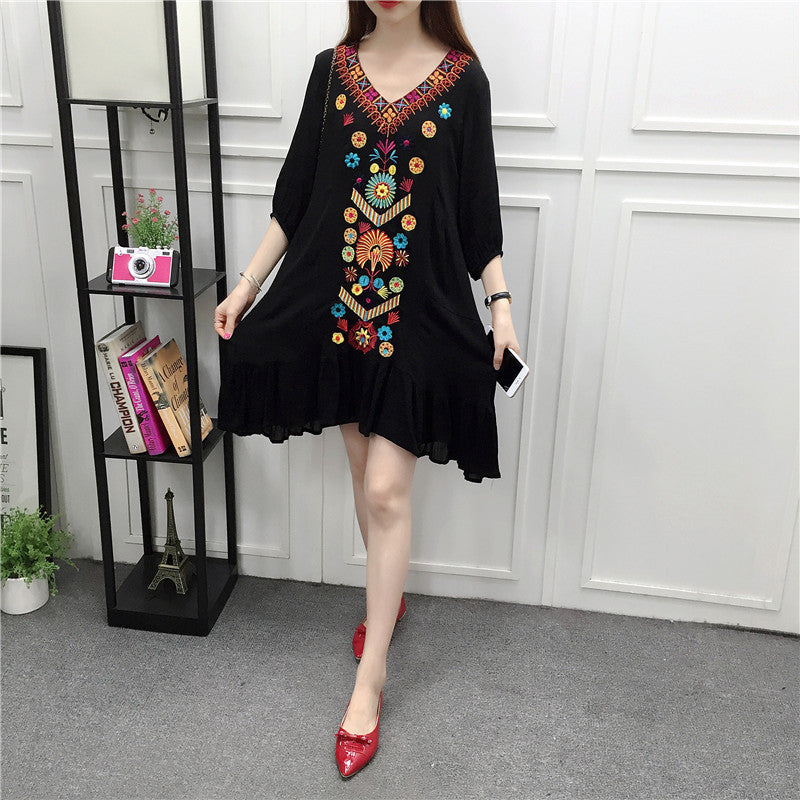 Thin Three-quarter Sleeves Cotton And Linen Mid-length Seaside Holiday Dress