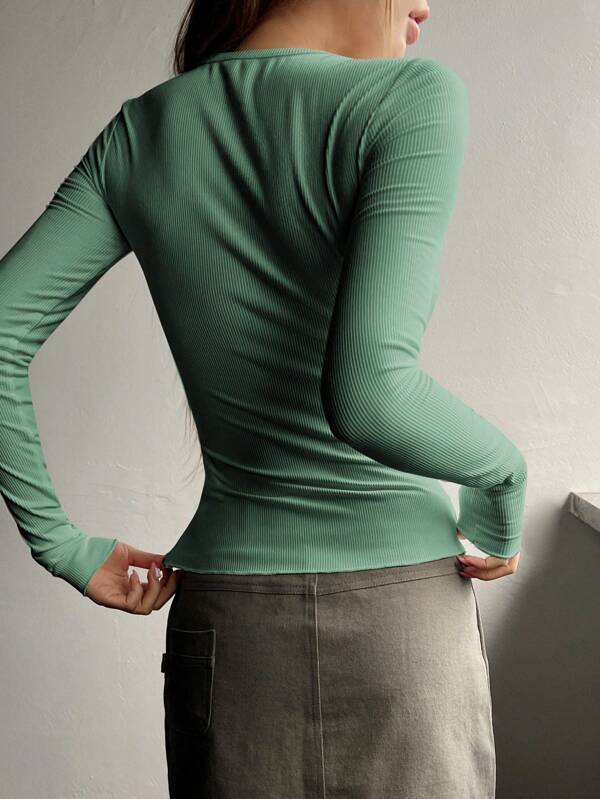 Women's Half Button Threaded Long Sleeve T-shirt - Chic Angle