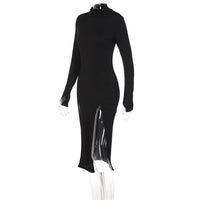 High Neck Long Sleeve High Slit Irregular Slim-fit Midi Dress In Stock Wholesale