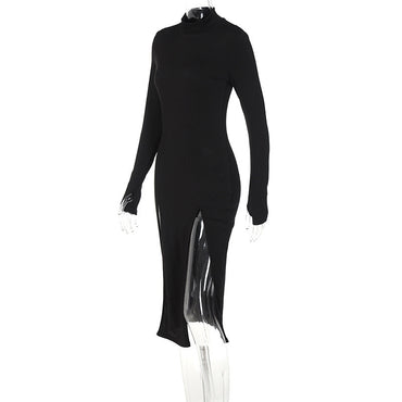 High Neck Long Sleeve High Slit Irregular Slim-fit Midi Dress In Stock Wholesale