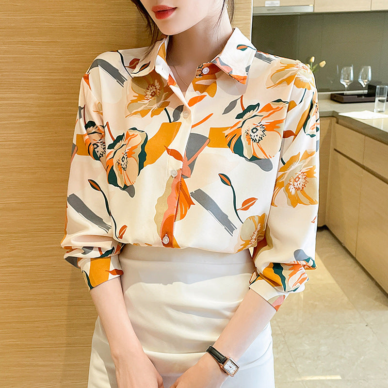 Spring Design Sense Retro French Temperament Printed Chiffon Long-sleeved Shirt For Women - Chic Angle
